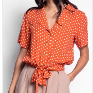 Pink Martini Women’s The Ava Top Polka Dot Button Down Blouse Size XS